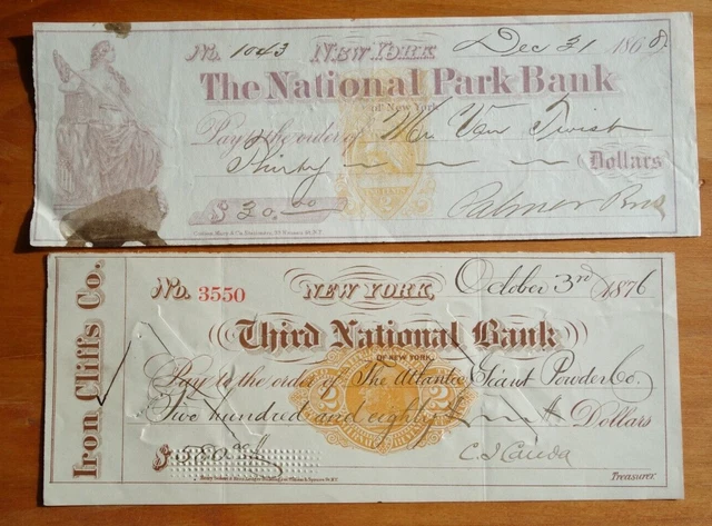 2 checks imprinted revenue NY 1868/76 Third National & National Park Banks