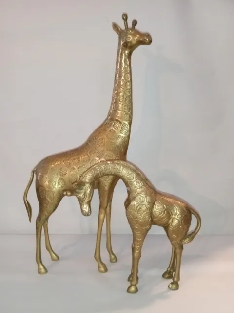 Pair Of Vintage Hollywood Regency Solid Brass Giraffes Large And Small