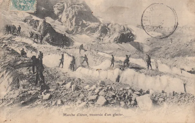 Carte postale ancienne GUERRE 14-18 WW1 traversée glacier CHASSEURS ALPINS 1907