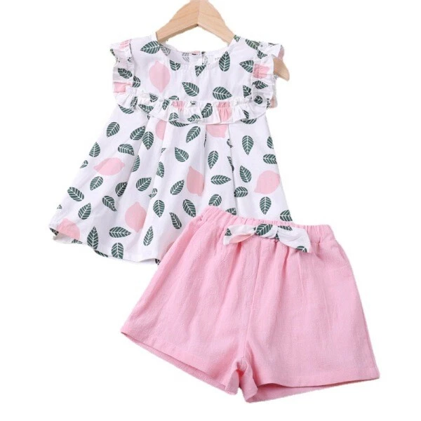 Completo Bimba bambina Maglia maniche corte pantaloni corti bianco rosa B054