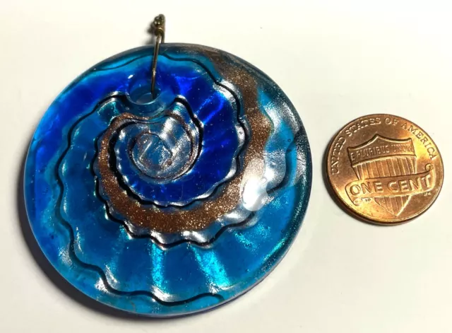 ONE Large Heavy Domed Blue & Copper Color Dichroic Glass Pendant 45mm 1 3/4" P1