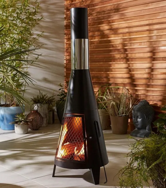 OUTDOOR FIRE PIT Chiminea Wood Burning Fireplace Round Metal Black 63 ...
