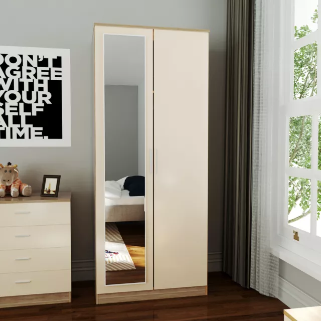 2 Door Wardrobe With Mirror Storage Cream Oak High Gloss Bedroom Furniture Shelf