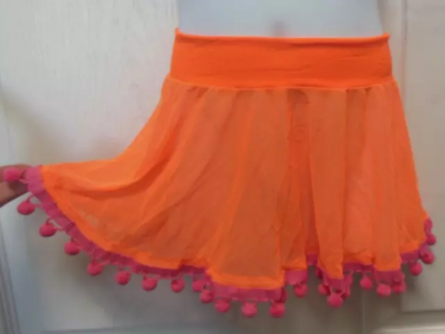 Mesh skirt small child  flo orange hot pink pompoms stretch waist