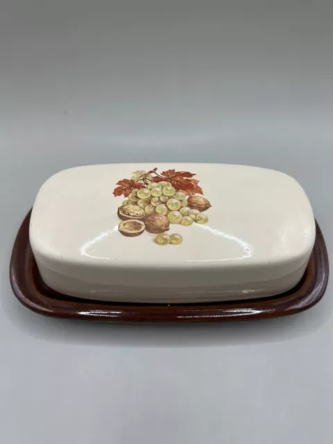 Vintage McCoy Brown Pottery Covered Butter Dish Grapes Walnuts Leaves 7013 USA
