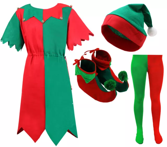 Elf Costume Christmas Fancy Dress Santas Helper Adult Childs Xmas Party Xs-Xxxxl