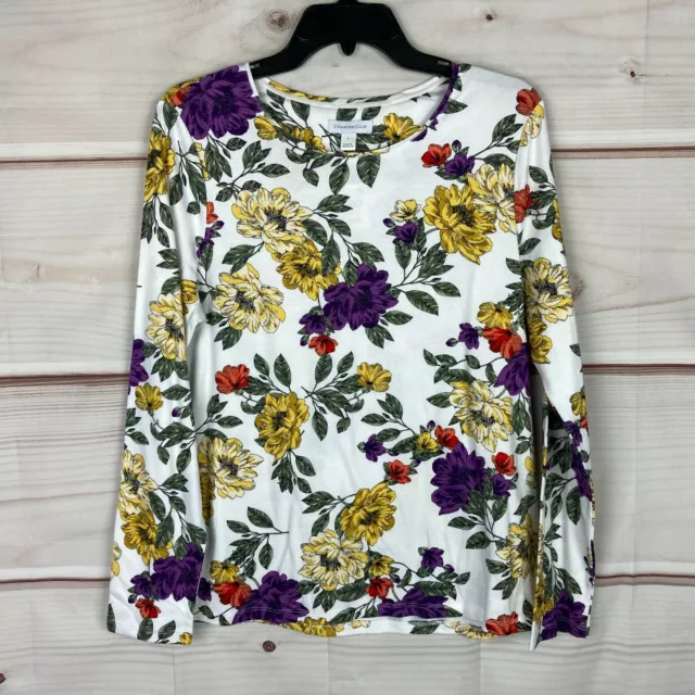 Charter Club Floral Print Long Sleeve Scoop Neck Womens Large Multicolor Top