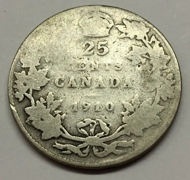 1910 Canada 25 Cents Sterling Silver Coin - Ships Free W/ Usps Tracking & Ins.