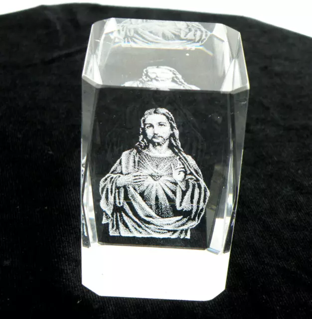 Crystal Glass Jesus Christ Laser Etched 3D Paperweight 3" x 2" x 2" Used READ