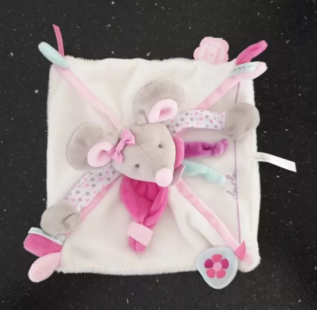 Neuf* - Doudou et Compagnie Souris Rose blanc gris fleur Pearly DC2978 plat doux