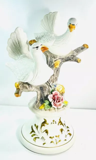 LARGE CAPODIMONTE DOVES & ROSES  Branch Figurine "N"  w/Crown Made in ITALY 17"H