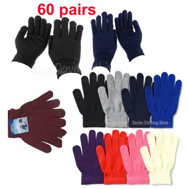 60 pair Men Women Solid Warm Winter Gloves Knitted Magic Bulk Pack Wholesale Lot