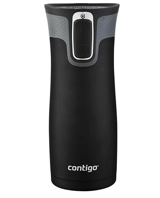 Vacuum-Insulated Travel Mug 16 oz Matte Black Autoseal Button Lock Leakproof Lid
