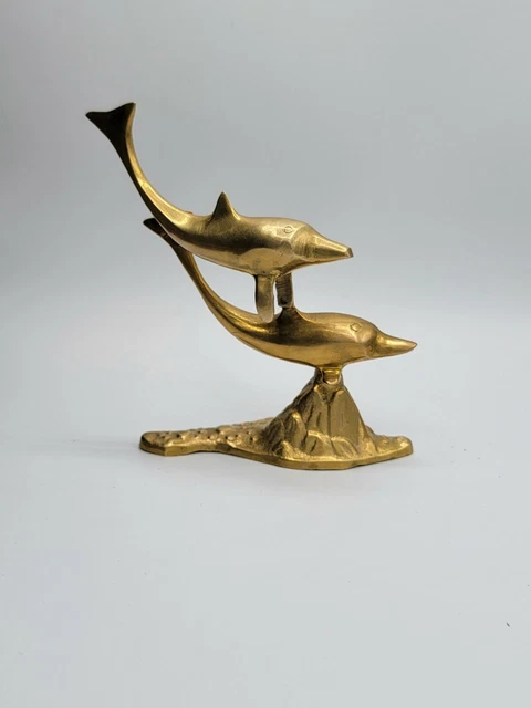 Vintage Solid Brass Matching Pair Dolphin Sculpture On Pedestal Of Seafloor 5"