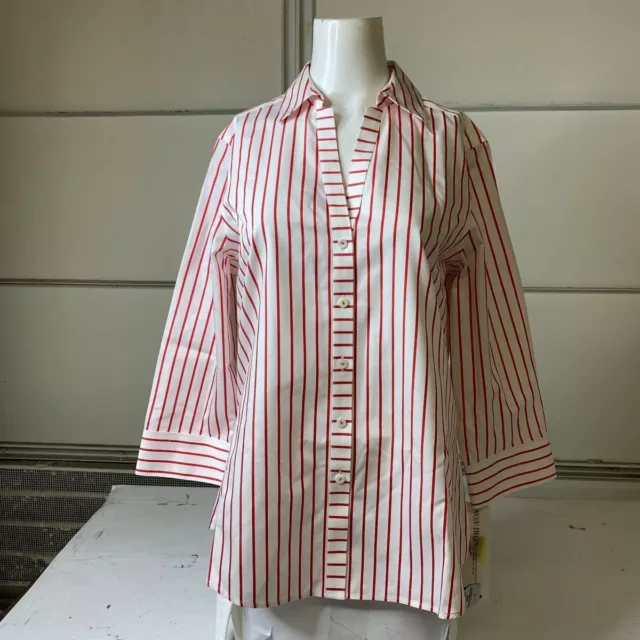 FOXCROFT Clio Sateen 3/4 Sleeve Stripe Shirt Women's Size 10 Mis Red