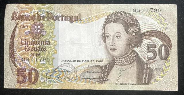 Collectable bank note, vintage, 1968 50 escudos, banco de portugal GB11790