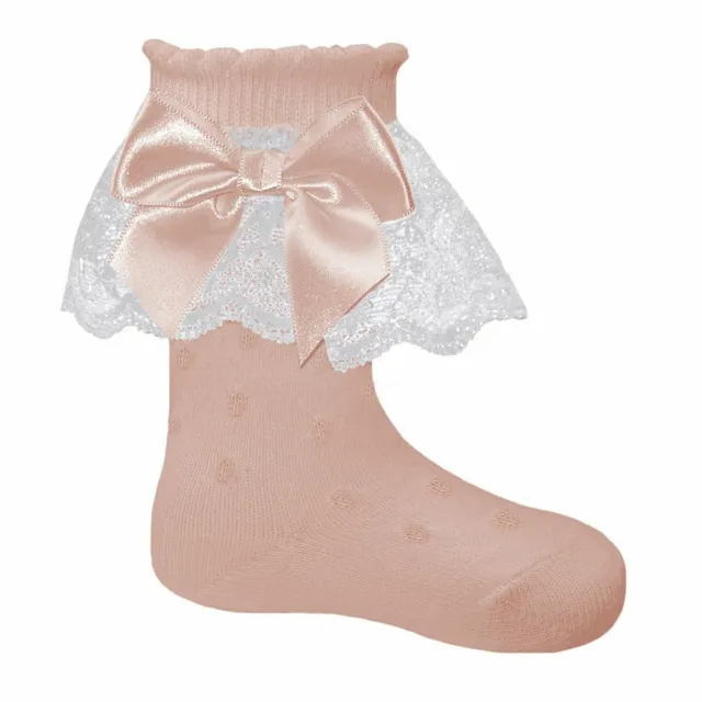 Pex Tina Spanish Style Ankle Socks - Pink with White Lace and pink satin bow