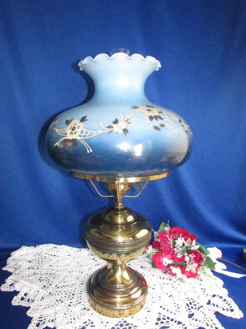 Vtg Gwtw Hurricane Parlor Table Lamp Blue Shade W Hand Painted Flowers 3 Way 25"