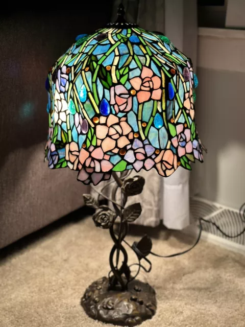 Gorgeous Tiffany Style Stained Glass Slag Lamp Flowers Glass Drops Flower Base