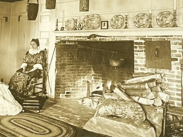 BV Photograph Victorian Era Women Knitting Interior Fireplace Inside Home Candid 3