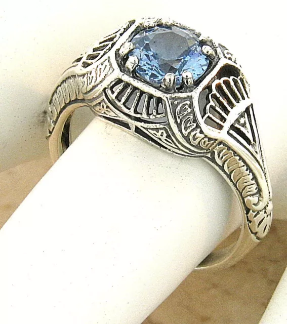 Deco Antique Style 925 Sterling Silver Simulated Aquamarine Filigree Ring   #913