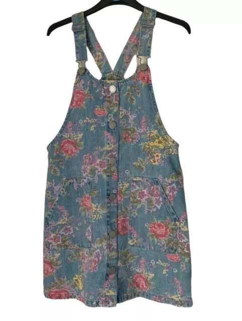 NEXT Blue Floral Design Girls Denim Dungaree Pinafore Dress Age UK 11 Years