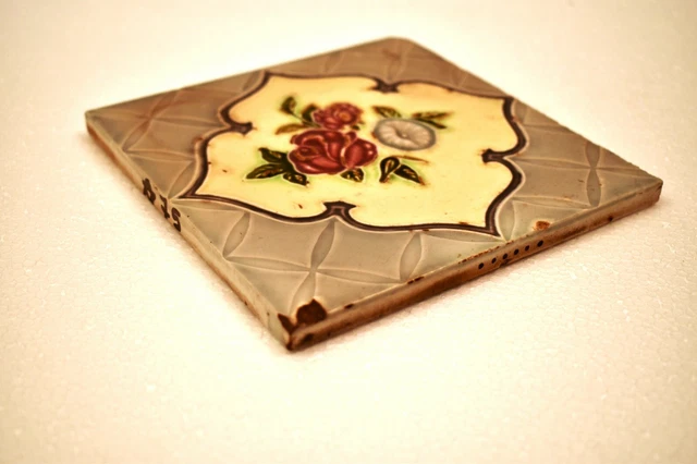 Antique Tile Japan Majolica Art Nouveau Porcelain Floral Rose Architecture "J75 3