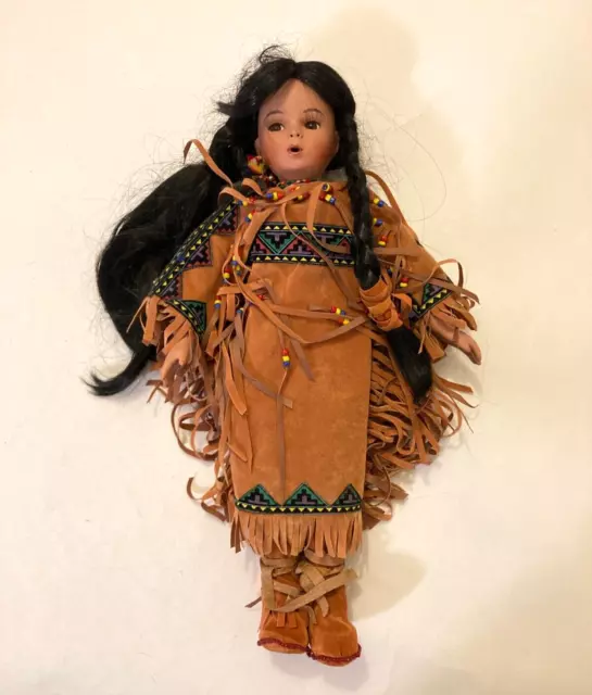 Native American 14" Porcelain Indian Girl Doll TC 1999 Fringe Bead Dress VTG