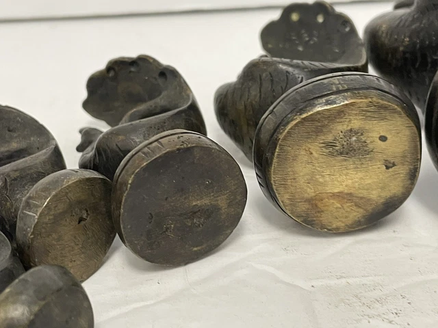 Rare Complete Set Antique Burmese Opium Bronze Weight Set Peacock Bird 9 Pc Vtg 16