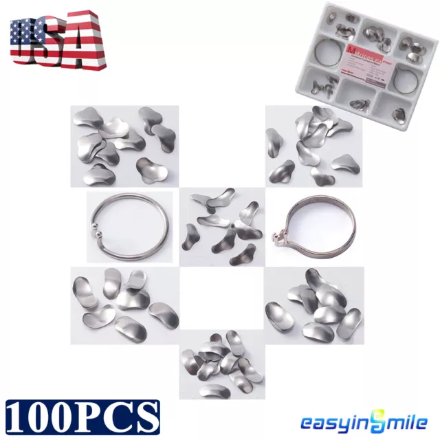 100pc Dental Wave Shape Metal Sectional Contoured Matrices Kit&2Ring Matrix Band