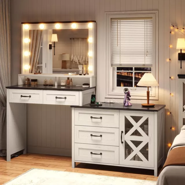 Makeup Vanity Desk with Large Mirror &Lights Farmhouse Vanity Table with Drawers