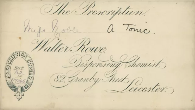 Antique Prescription Envelope Walter Rowe Chemist Leicester to Miss Noble