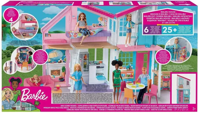 Barbie casa di malibu (106 cm) playset casa delle bambole con 2 piani, 6  stanze, ascensore, altalena e +30 accessori, giocattolo per bambini 3+ anni  - Toys Center