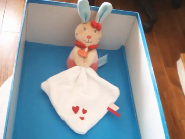Doudou 4847 / Lapin Perle "Baby Nat" Rose/Beige/Bleu - Mouchoir Blanc Brode....