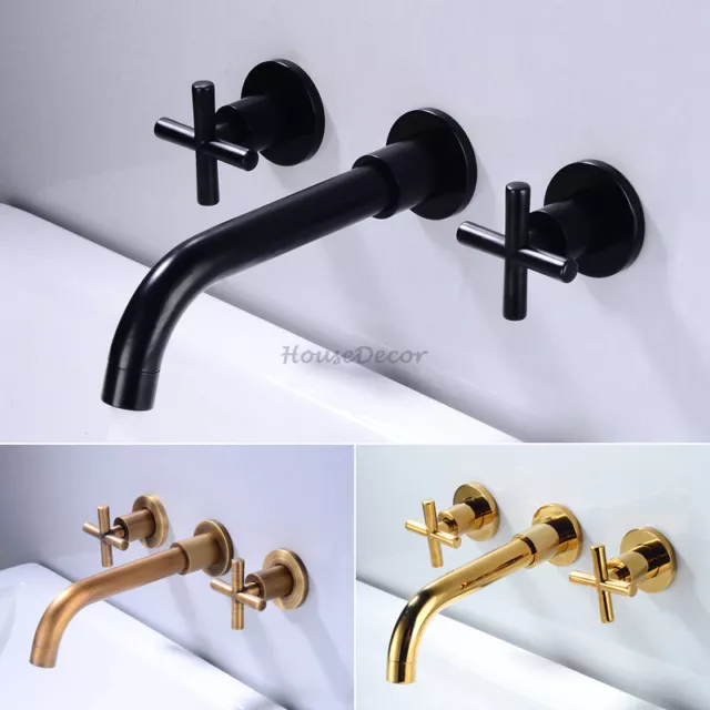 Wall Mounted 3 Hole Bathroom Basin Faucet Two Cross Handles Sink Mixer Tap NEW