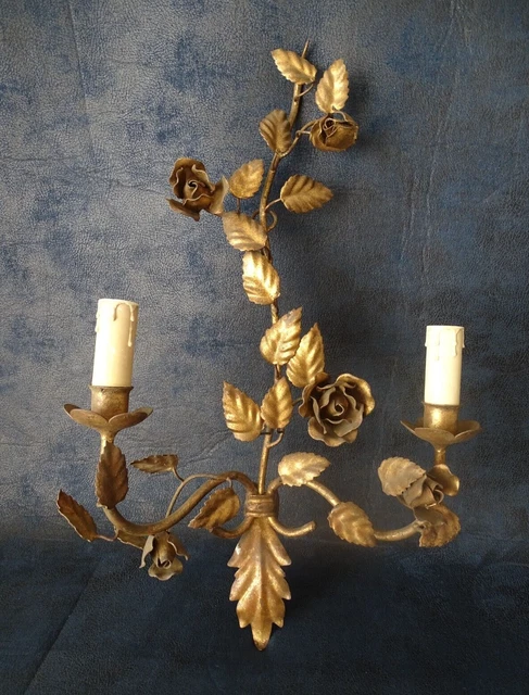 ancienne lampe applique murale 2 feux métal doré design fleur Rose style Italie