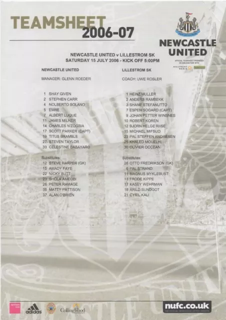 2006 NEWCASTLE v LILLESTROM SK NORWAY INTER-TOTO CUP ORIGINAL TEAM SHEET NR MINT