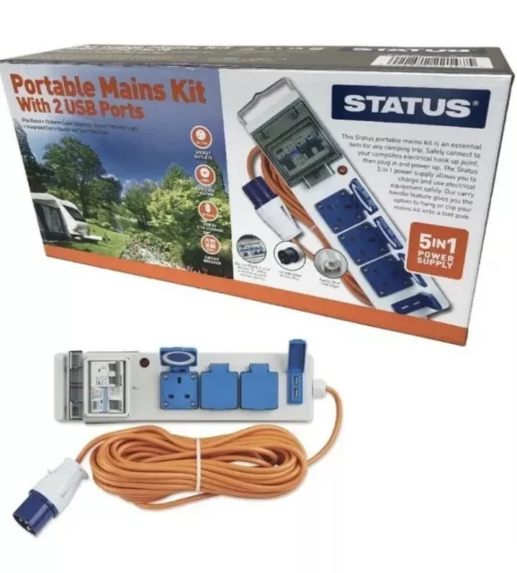 Status Portable Mains Kit - 2 USB Ports 15M Cable Camping Power Supply 250V IP44