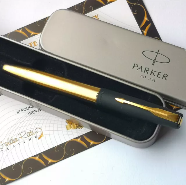 24ct Gold Plated Black Parker Frontier Fountain Writing Pen IGift Tin Ink 24k