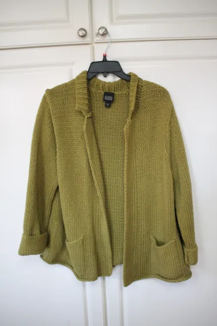 Eileen Fisher Sweater Cardigan Cotton Knit Open Front Pocket Dark Green XL EUC