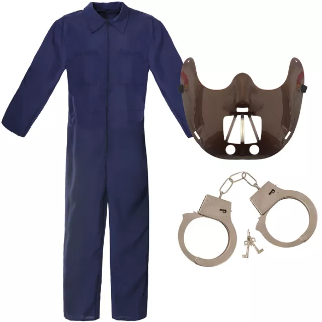 Adults Halloween Hannibal Fancy Dress Costume Navy Jumpsuit Mask Handcuffs
