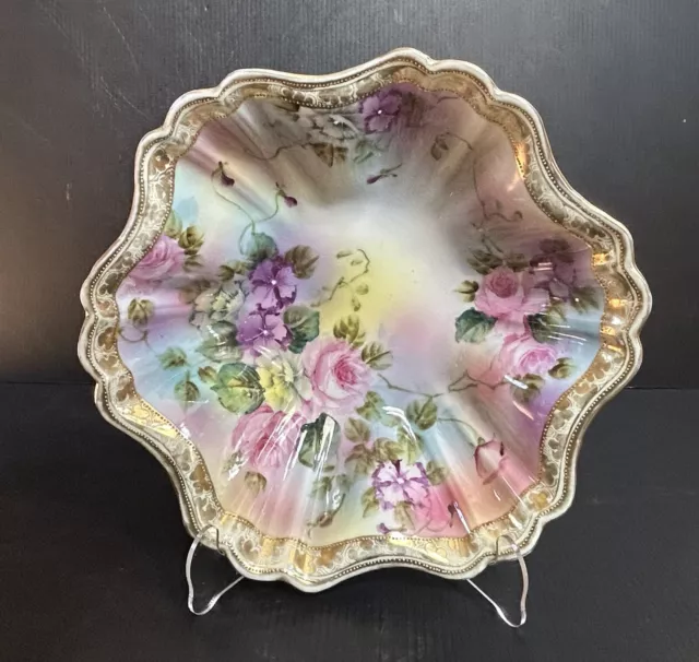 Antique Nippon Gold Gilt Hand Painted Roses Porcelain Bowl