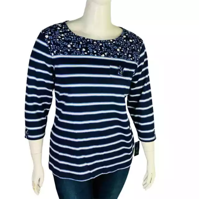 New Karen Scott Sport Womans 2X Intrepid Blue Top 3/4 Sleeve Floral Striped NWT