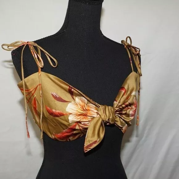 LPA Revolve Front Knot Gold Floral Satin Bandeau Tie Shoulders Crop Top M