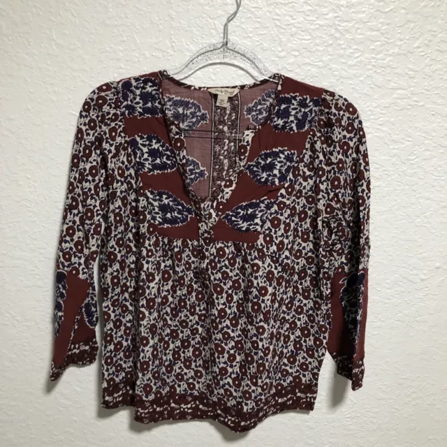 Lucky Brand Annabelle Floral Peasant Top Size XS Red boho