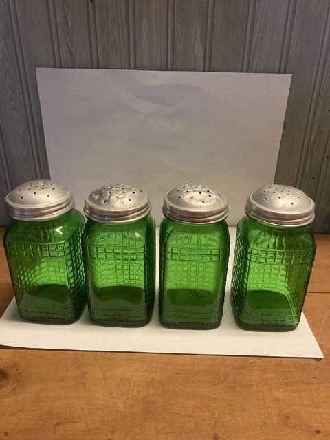green glass spice Jars 4 Owens Vintage hoosier shaker waffle Pattern 4-3/4”tall