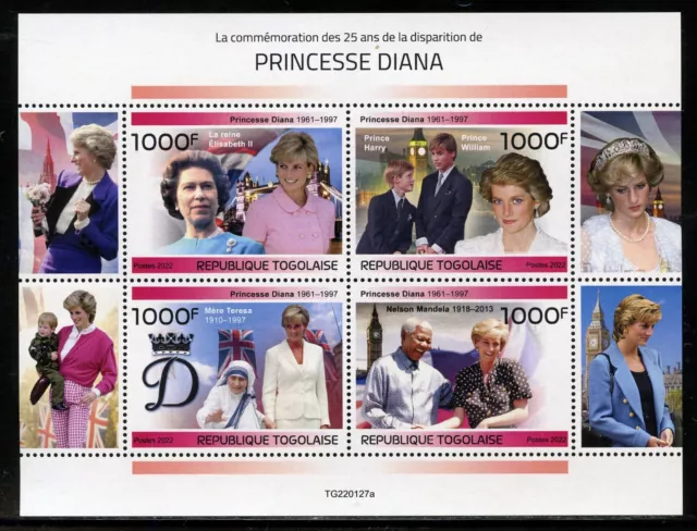 Togo 2022 25th Gedenken Jubiläum Von Prinzessin Diana Blatt Neuwertig Nh