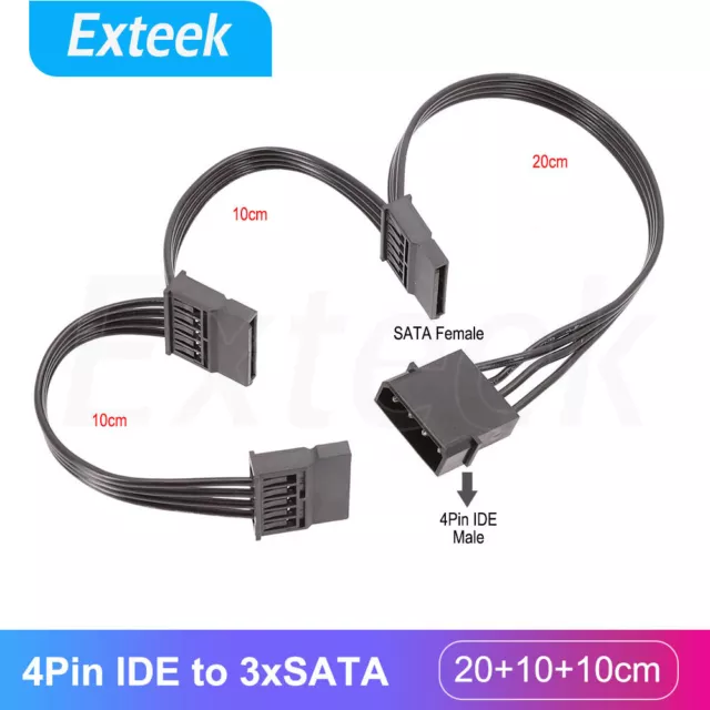 4Pin IDE Molex to 3-Port 15Pin SATA Power Cable Cord Lead Hard Drive HDD SSD PC