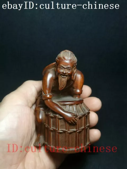 H 3.9in Chinese boxwood handmade old fisherman Statue Decoration Gift Collection