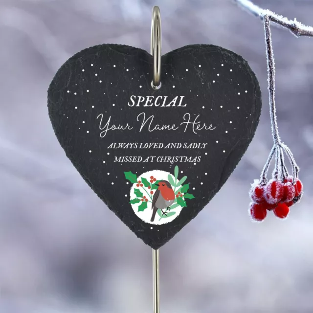 Personalised Christmas Grave Stick Marker Robin Plaque Slate Heart Memorial